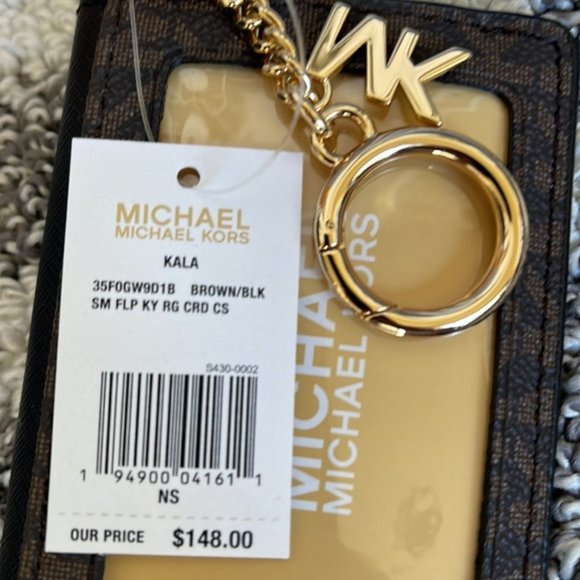 Michael Kors Kala Small Flap Key Ring Card Case Wallet MK Brown Black - Picture 3 of 13